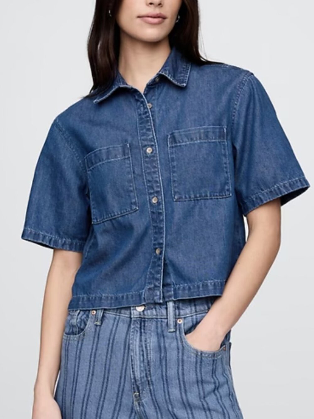 Gap UltraSoft Cropped Denim Shirt in Medium wash